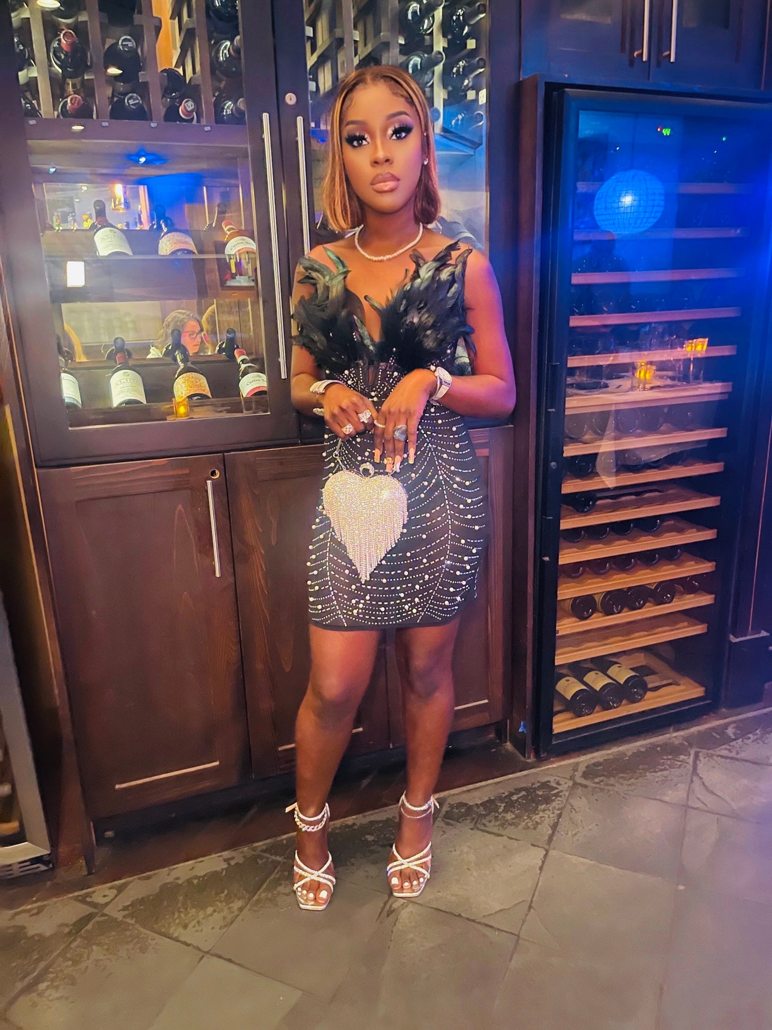 Rhinestones Faux Pearl Feather Strapless Dress