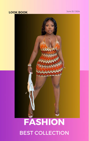Casual Holiday Halterneck Backless Straps Orange Wavy Fabric Mini Tight Skirt