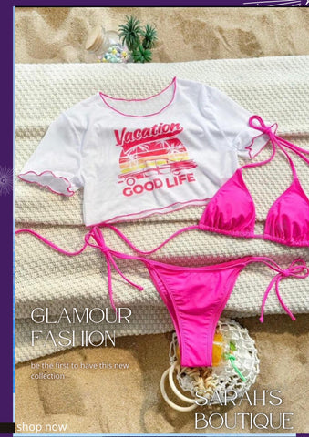 Vacation Good Life Printed 3-Piece Swimwear Set, String Bikini Outfit Beach Swimsuit Bathing Suit Summer