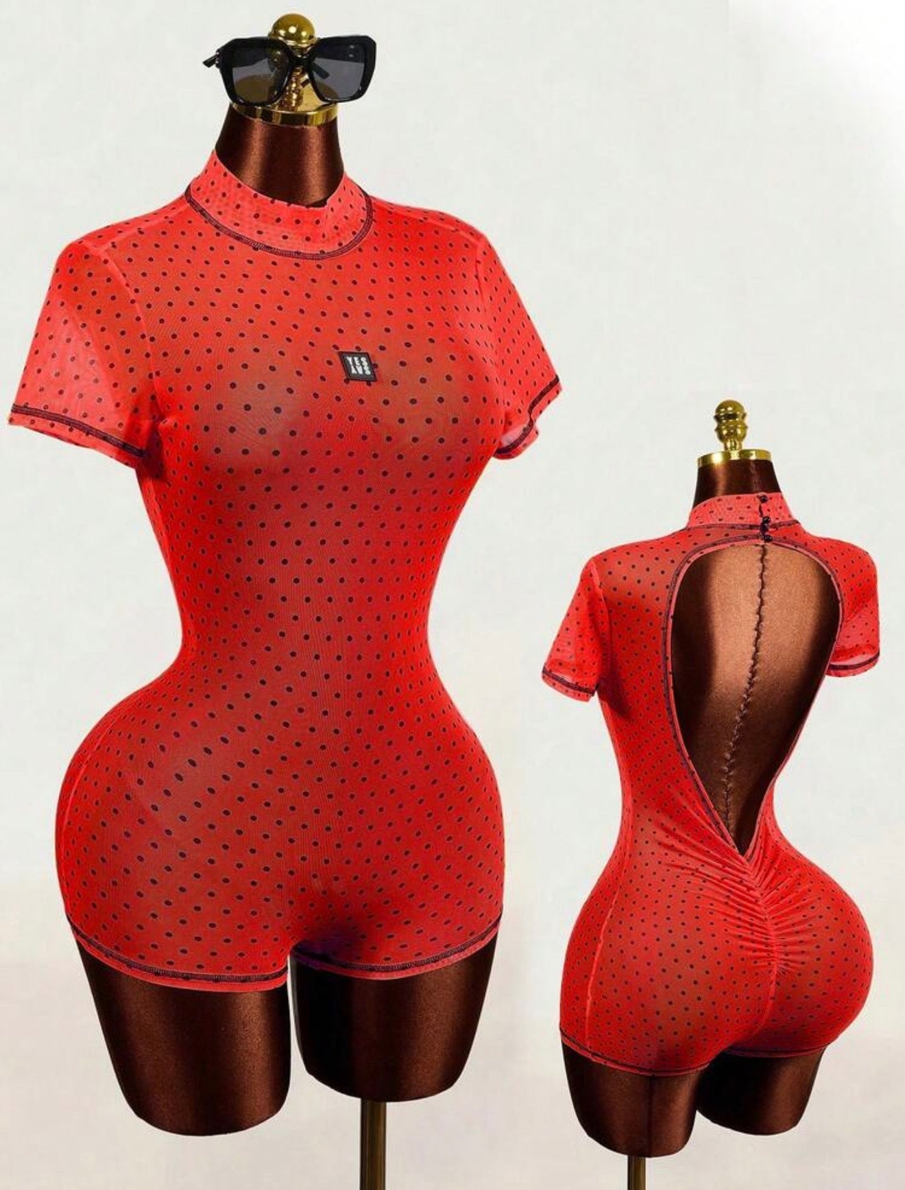 Polka Dot Mesh High Neck Short Sleeve Backless Ruched Bodycon See-Through Sheer One-Piece Jumpsuit Shorts
Set