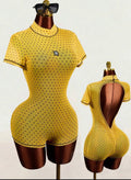 Polka Dot Mesh High Neck Short Sleeve Backless Ruched Bodycon See-Through Sheer One-Piece Jumpsuit Shorts
Set